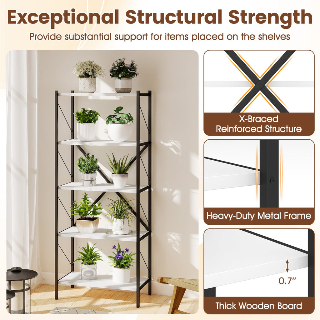 5-Tier Tall Bookshelf Industrial Bookcase with Heavy-Duty Metal Frame Modern Storage-White