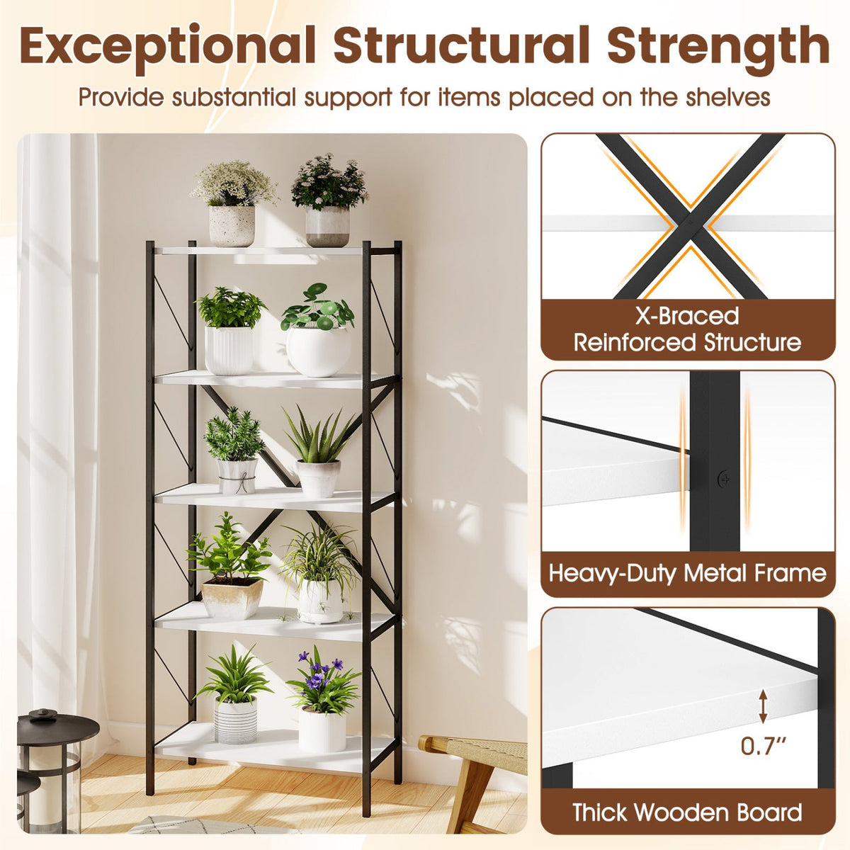 5-Tier Tall Bookshelf Industrial Bookcase with Heavy-Duty Metal Frame Modern Storage-White