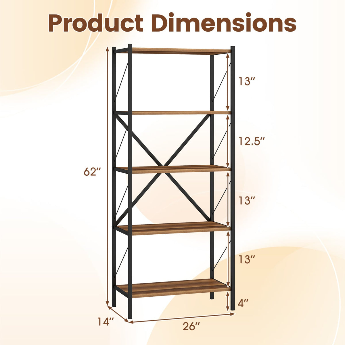 5-Tier Tall Bookshelf Industrial Bookcase with Heavy-Duty Metal Frame Modern Storage-Walnut