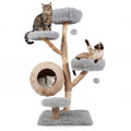 53 Inch Solid Pear Wood Cat Tree with Hand Woven Cattail Condo and Jute Posts, Gray