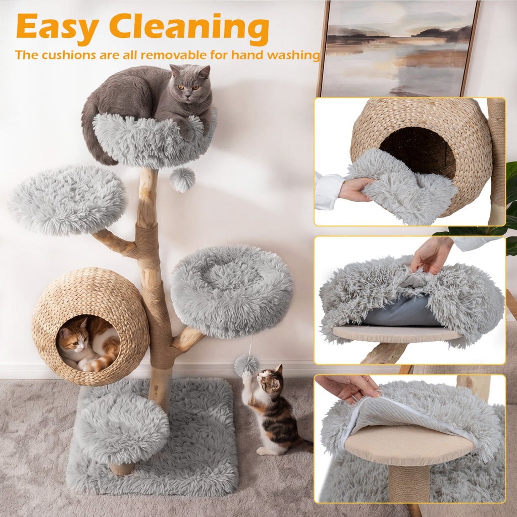 53 Inch Solid Pear Wood Cat Tree with Hand Woven Cattail Condo and Jute Posts, Gray