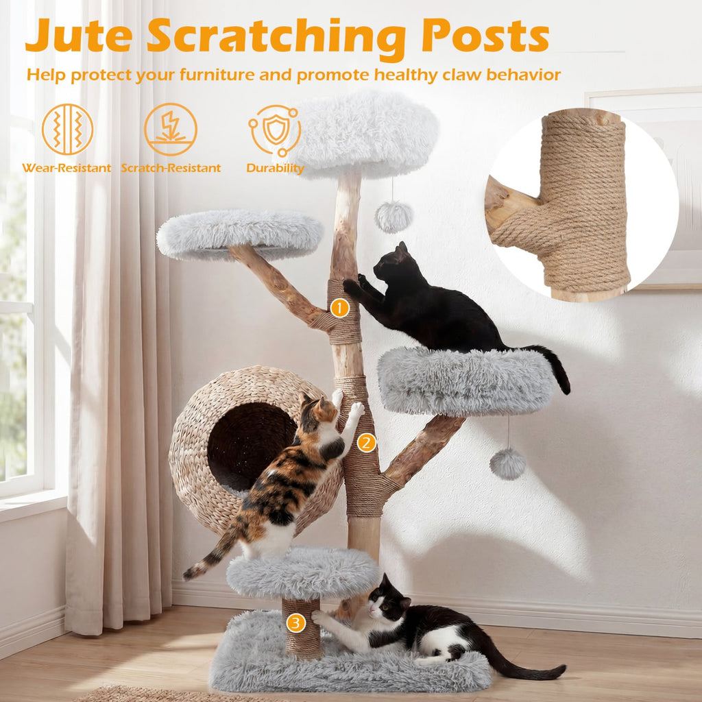 53 Inch Solid Pear Wood Cat Tree with Hand Woven Cattail Condo and Jute Posts, Gray