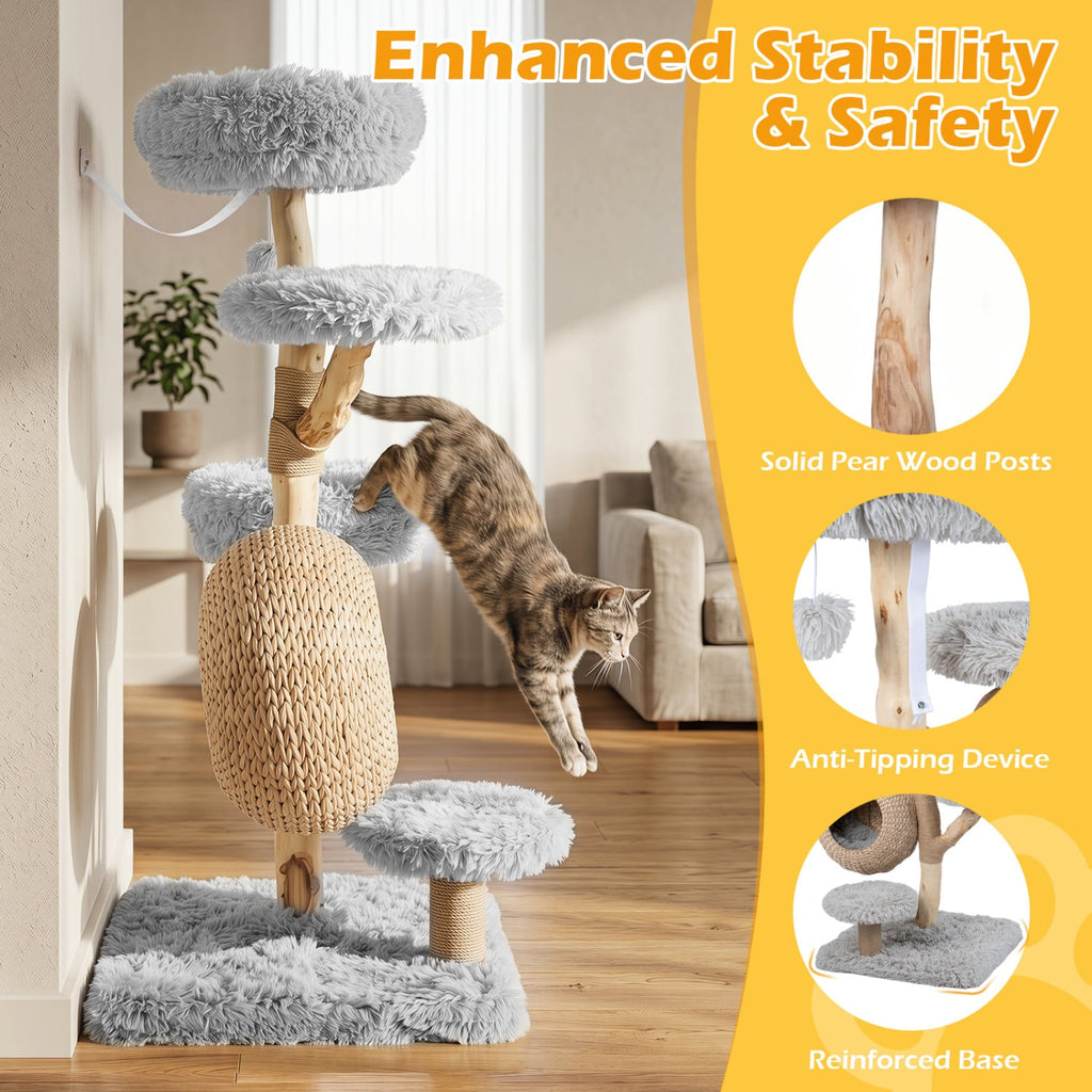 53 Inch Solid Pear Wood Cat Tree with Hand Woven Cattail Condo and Jute Posts, Gray