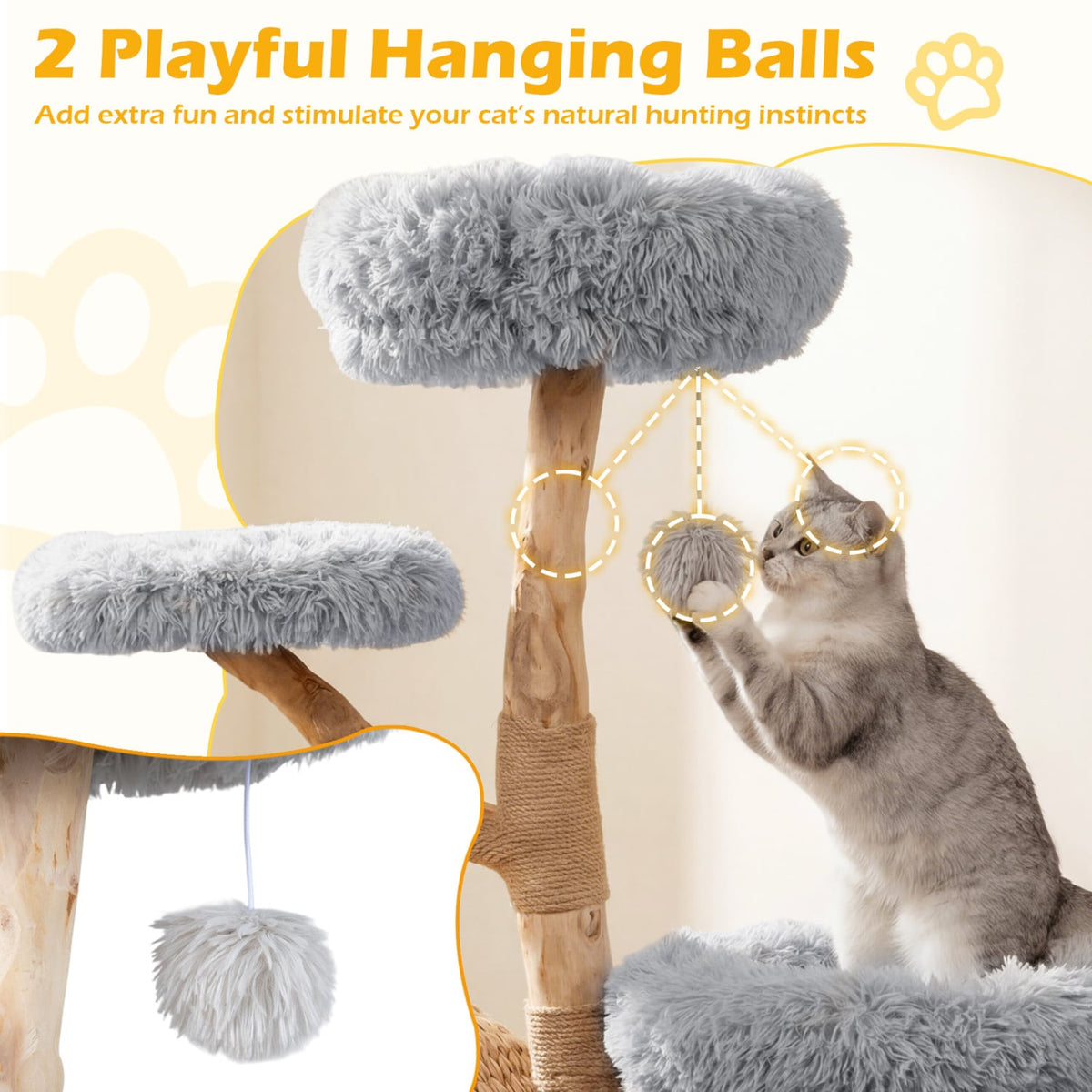 53 Inch Solid Pear Wood Cat Tree with Hand Woven Cattail Condo and Jute Posts, Gray