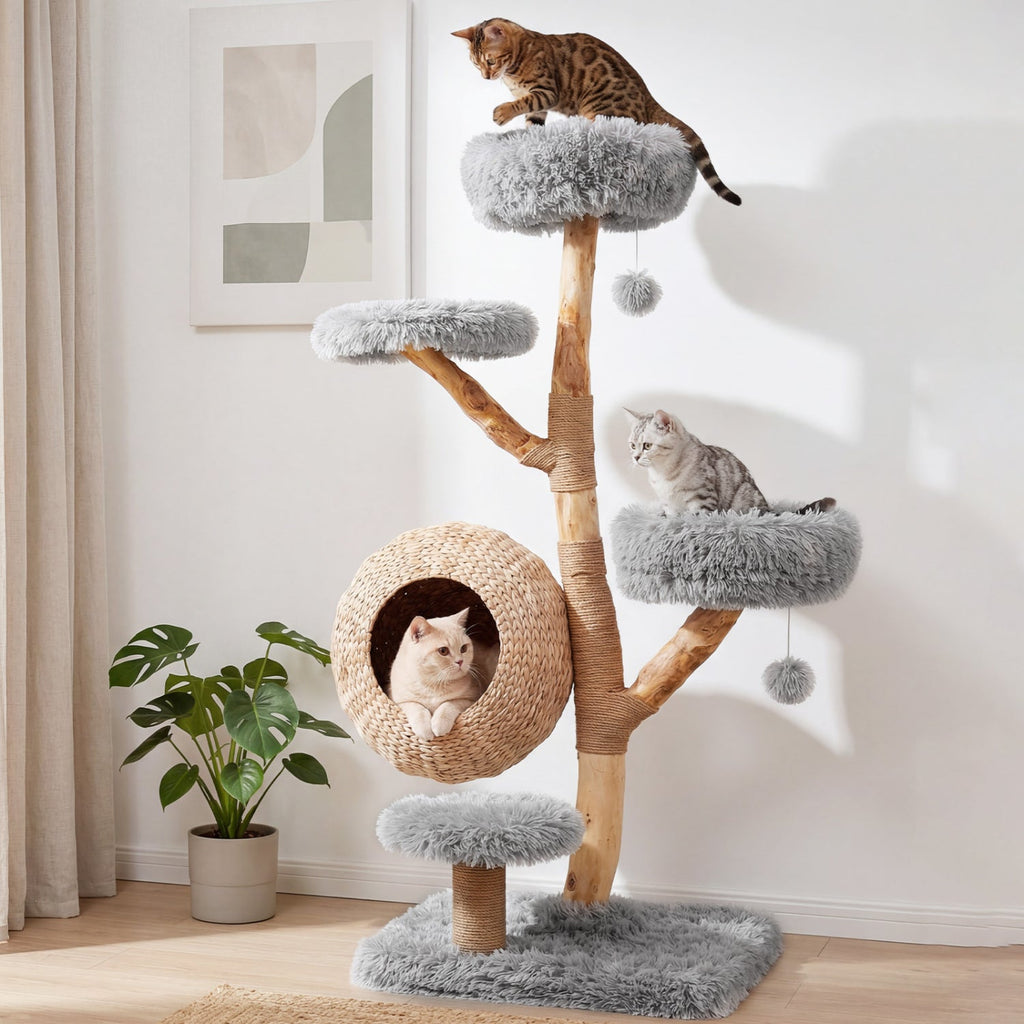 53 Inch Solid Pear Wood Cat Tree with Hand Woven Cattail Condo and Jute Posts, Gray