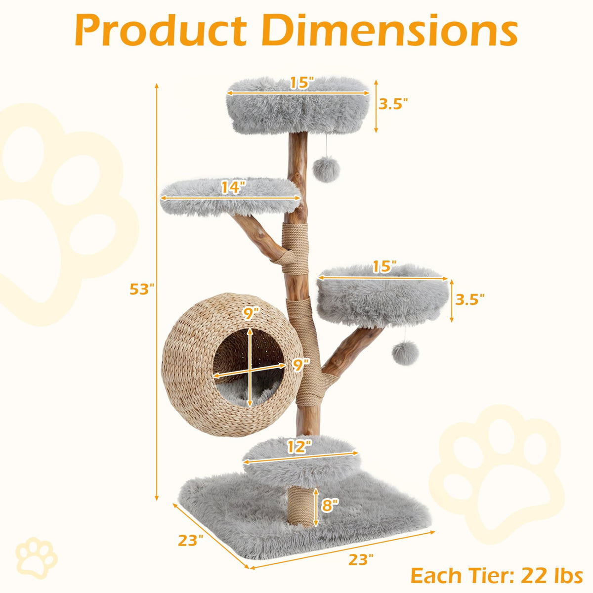 53 Inch Solid Pear Wood Cat Tree with Hand Woven Cattail Condo and Jute Posts, Gray
