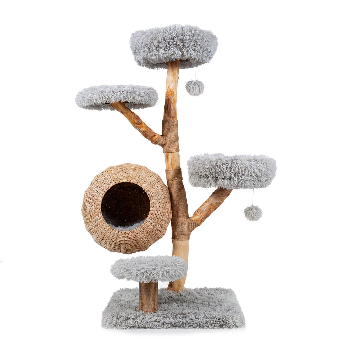 53 Inch Solid Pear Wood Cat Tree with Hand Woven Cattail Condo and Jute Posts, Gray