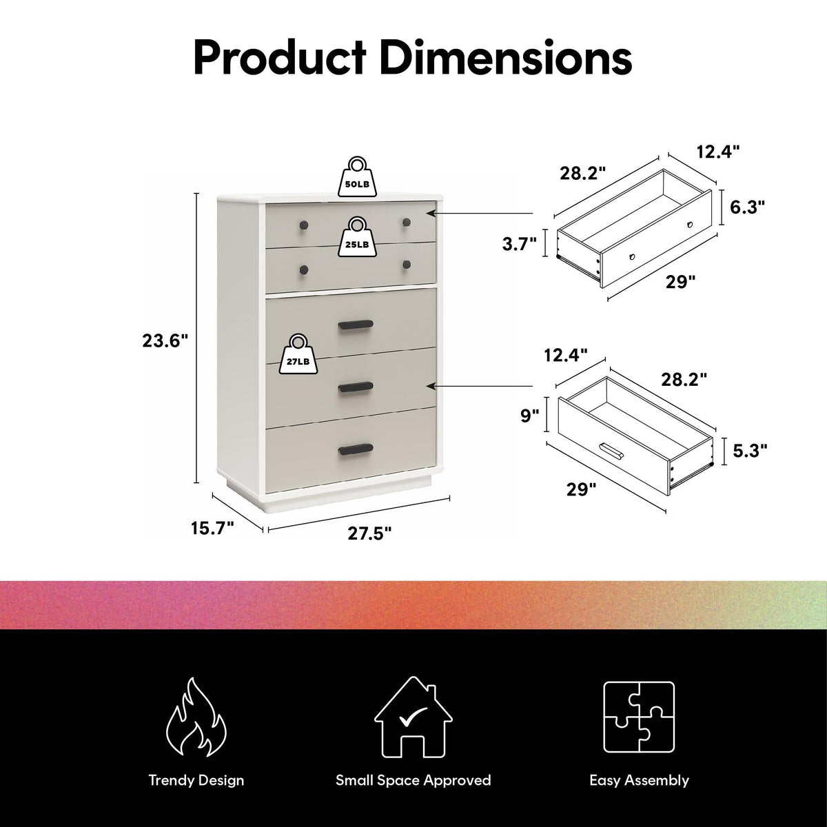 White and Gray 5-Drawer Tall Dresser (United States Delivery Only)