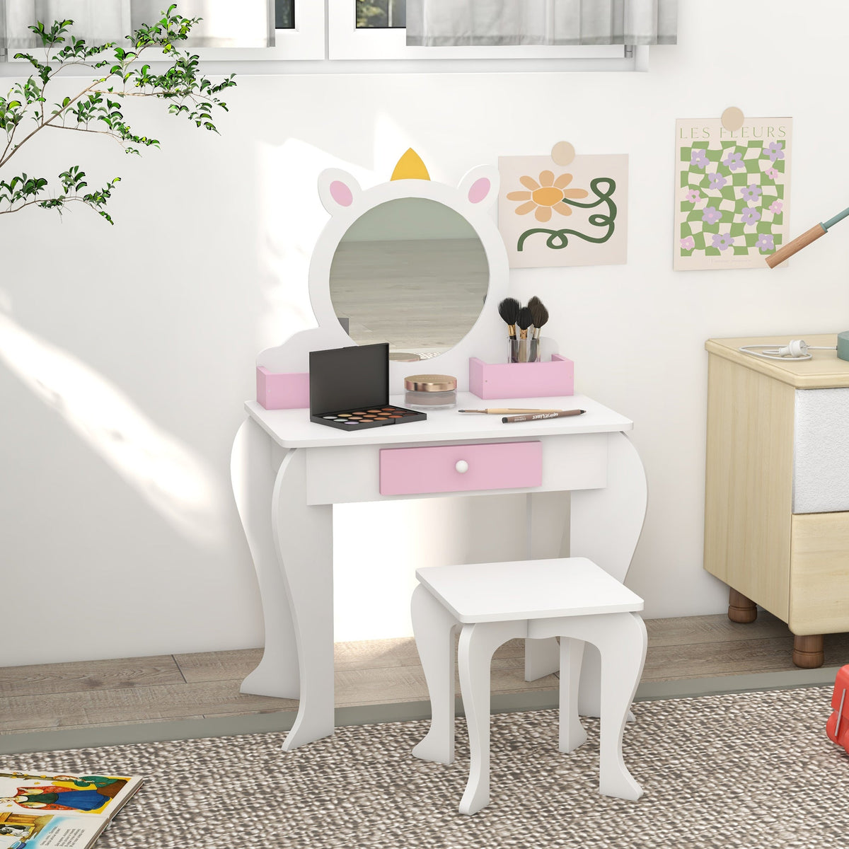 Kids Makeup Vanity Set with Stool, Mirror, Drawer, Storage Boxes, Unicorn Design, White