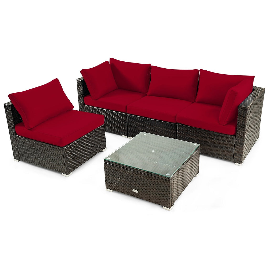 5 Piece Outdoor Rattan Sofa Set, 2 Corners, 2 Armless Seats and Tempered Glass Table, Red Cushions