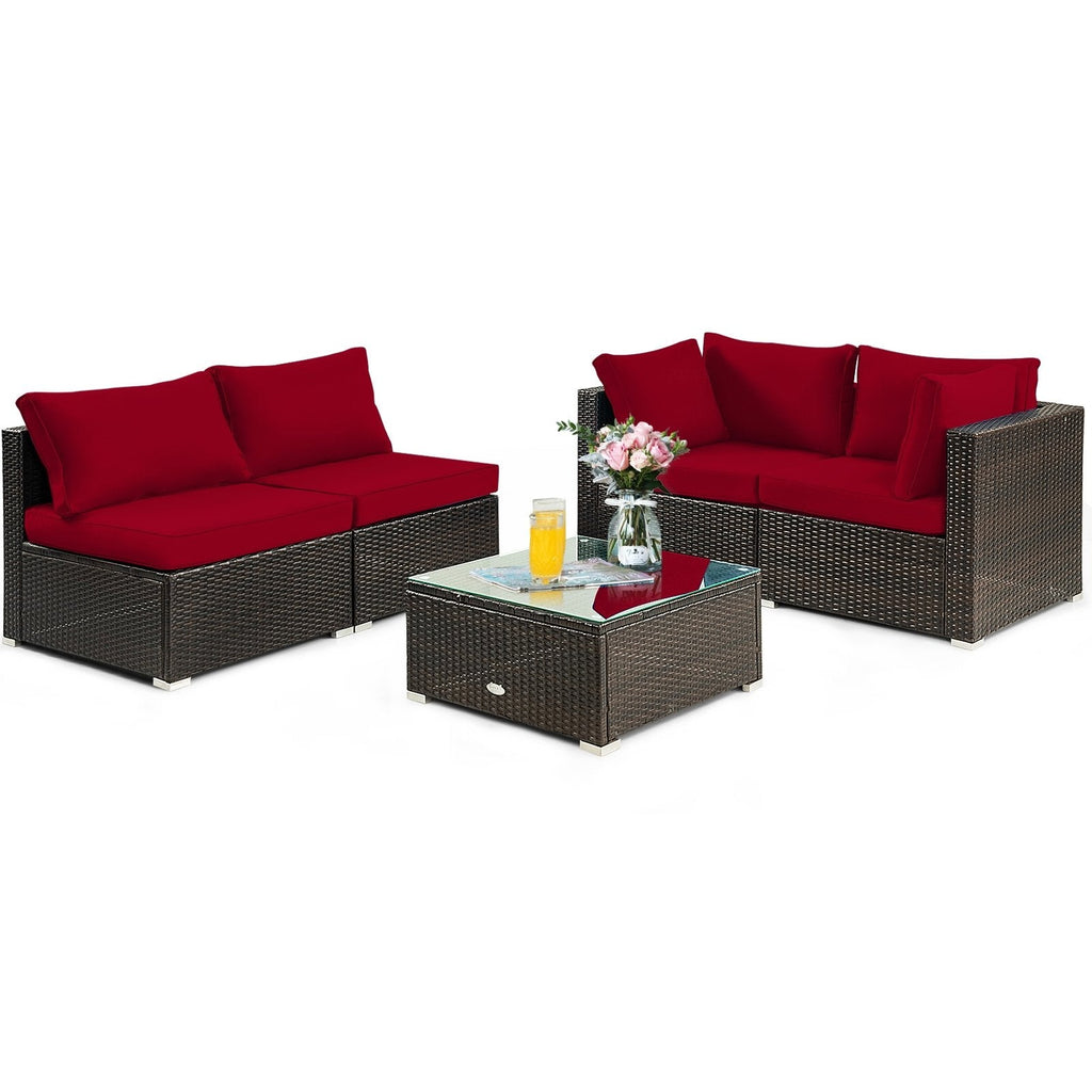 5 Piece Outdoor Rattan Sofa Set, 2 Corners, 2 Armless Seats and Tempered Glass Table, Red Cushions