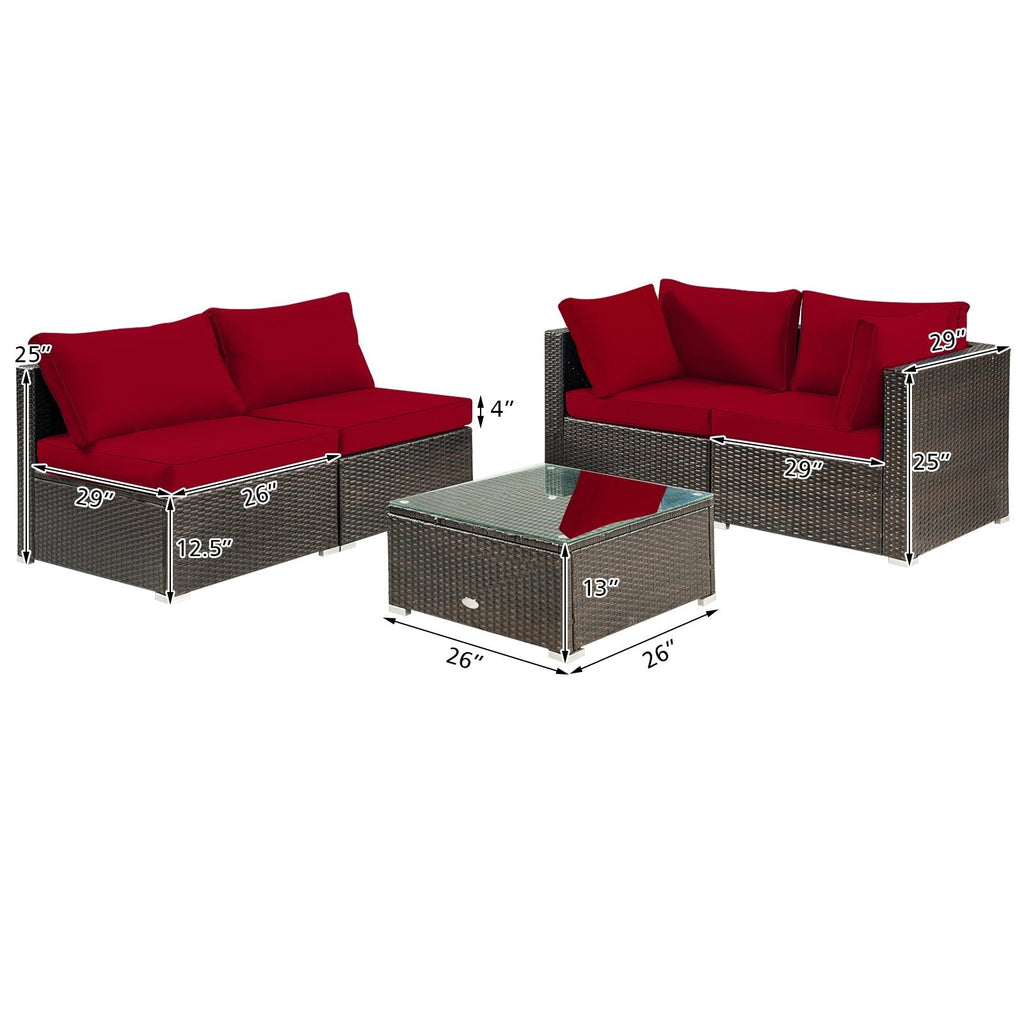 5 Piece Outdoor Rattan Sofa Set, 2 Corners, 2 Armless Seats and Tempered Glass Table, Red Cushions