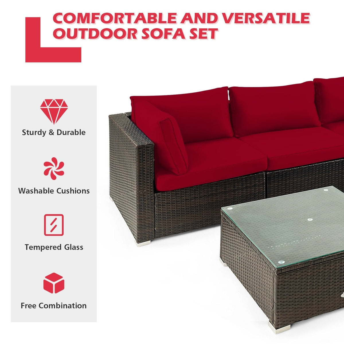 5 Piece Outdoor Rattan Sofa Set, 2 Corners, 2 Armless Seats and Tempered Glass Table, Red Cushions