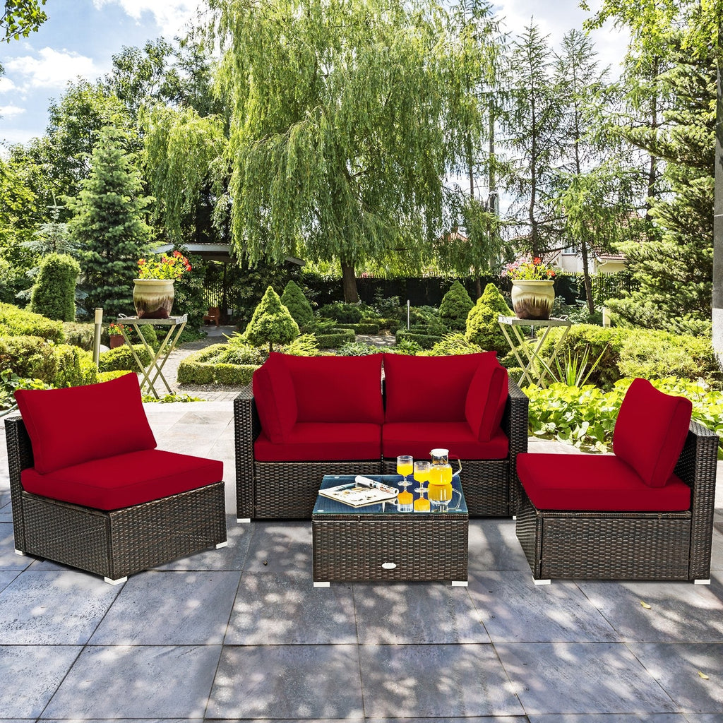 5 Piece Outdoor Rattan Sofa Set, 2 Corners, 2 Armless Seats and Tempered Glass Table, Red Cushions