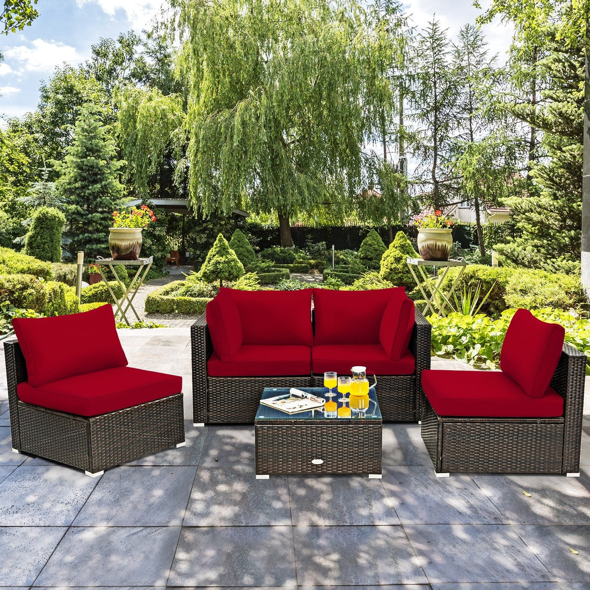 5 Piece Outdoor Rattan Sofa Set, 2 Corners, 2 Armless Seats and Tempered Glass Table, Red Cushions