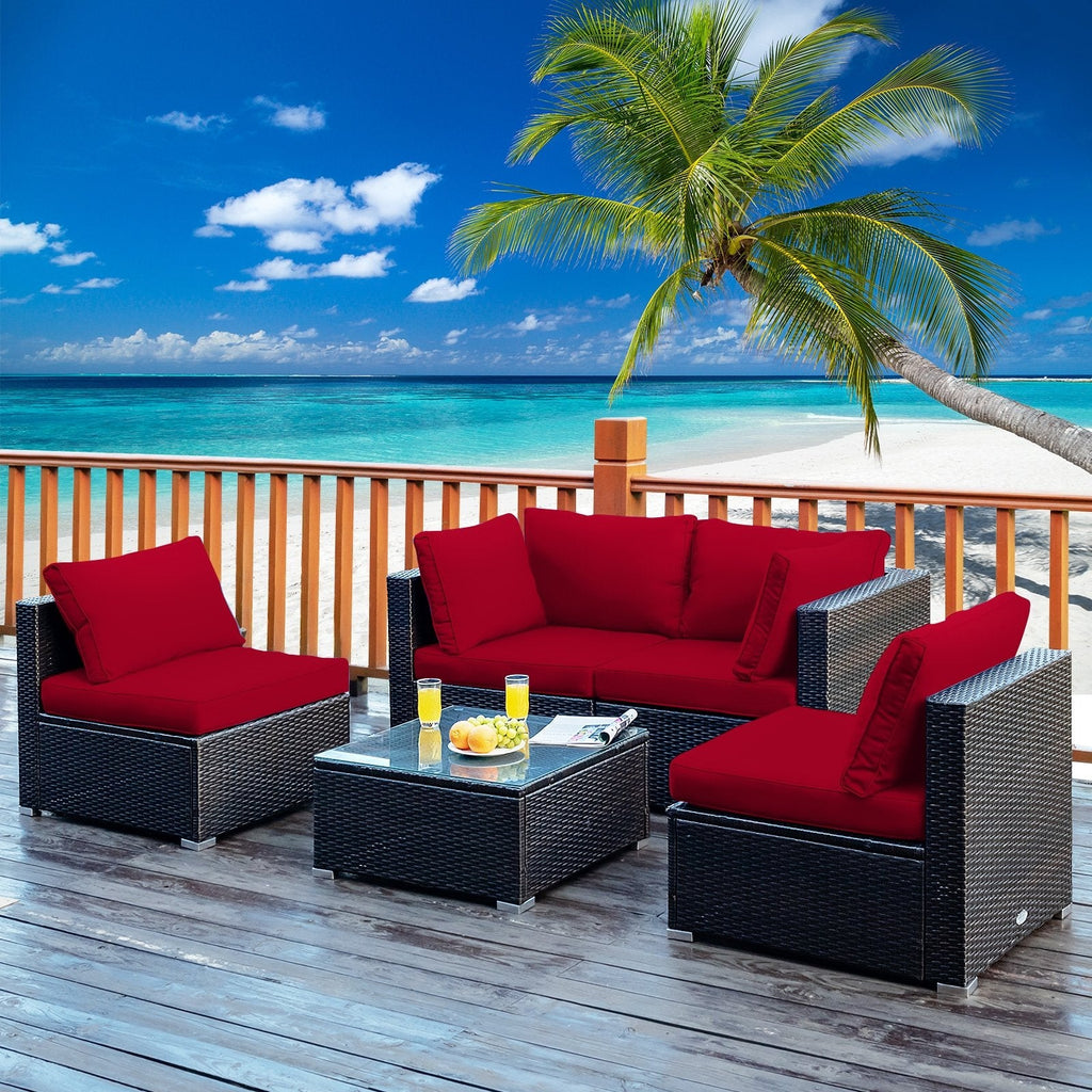 5 Piece Outdoor Rattan Sofa Set, 2 Corners, 2 Armless Seats and Tempered Glass Table, Red Cushions
