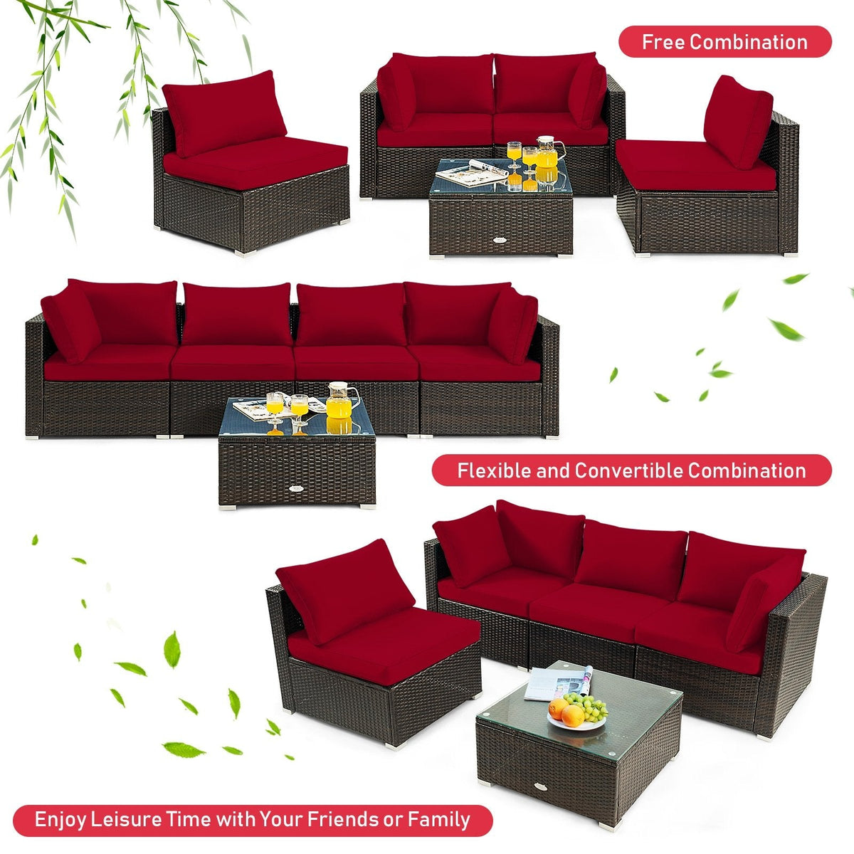 5 Piece Outdoor Rattan Sofa Set, 2 Corners, 2 Armless Seats and Tempered Glass Table, Red Cushions
