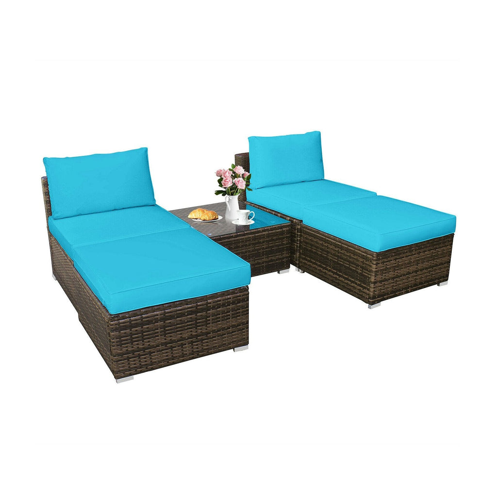 5 Piece Rattan Patio Set with Armless Sofas, Ottomans and Glass Coffee Table, Turquoise
