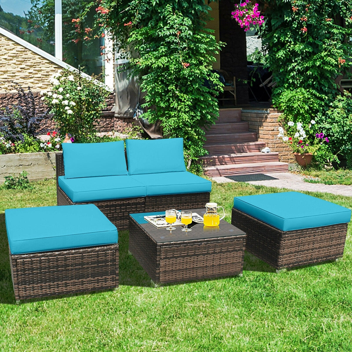5 Piece Rattan Patio Set with Armless Sofas, Ottomans and Glass Coffee Table, Turquoise