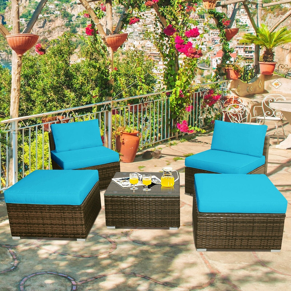 5 Piece Rattan Patio Set with Armless Sofas, Ottomans and Glass Coffee Table, Turquoise