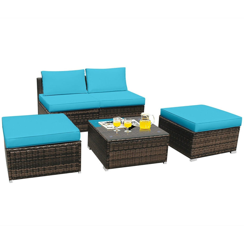5 Piece Rattan Patio Set with Armless Sofas, Ottomans and Glass Coffee Table, Turquoise