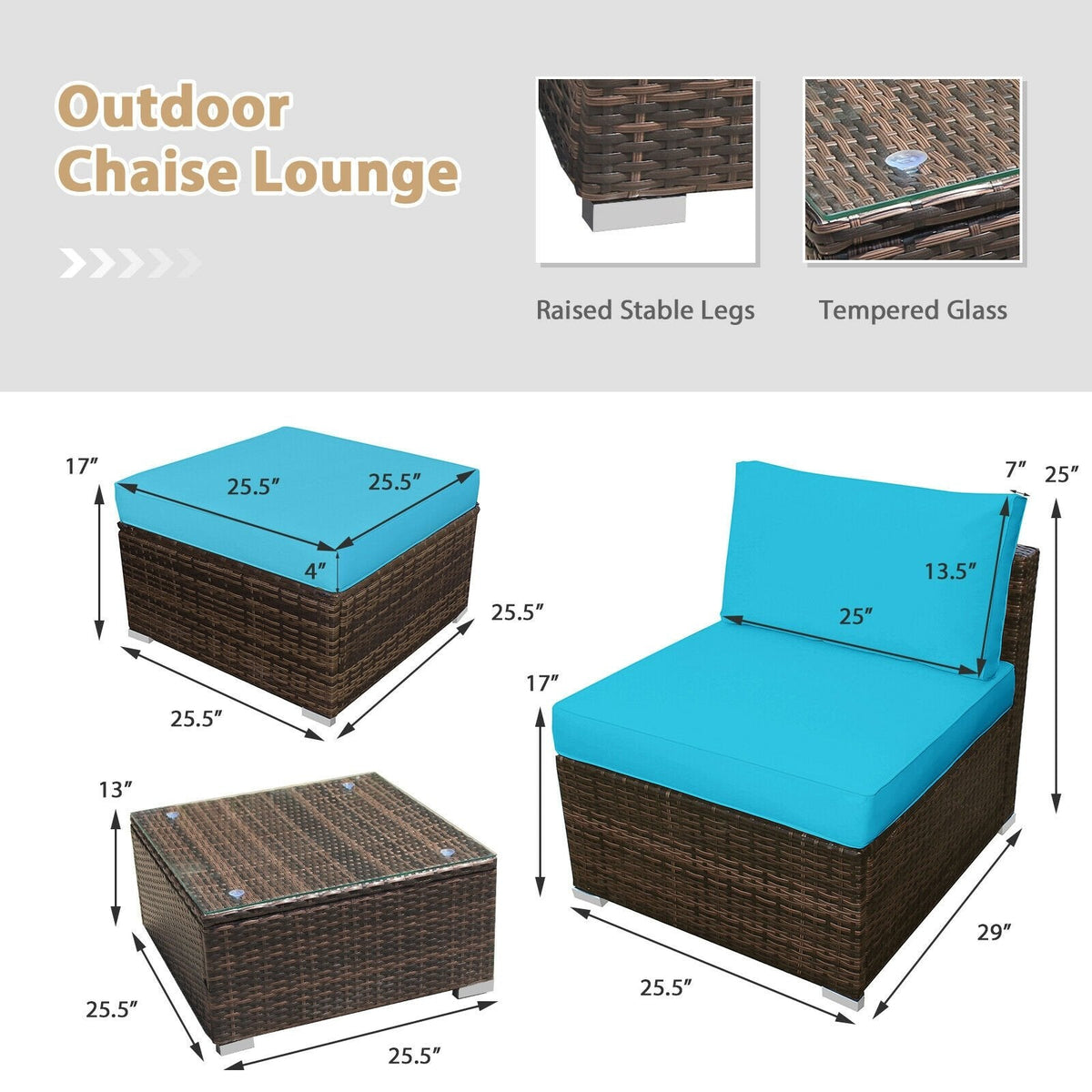 5 Piece Rattan Patio Set with Armless Sofas, Ottomans and Glass Coffee Table, Turquoise