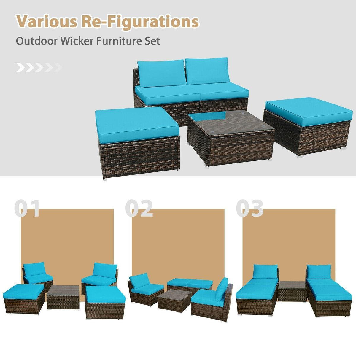 5 Piece Rattan Patio Set with Armless Sofas, Ottomans and Glass Coffee Table, Turquoise