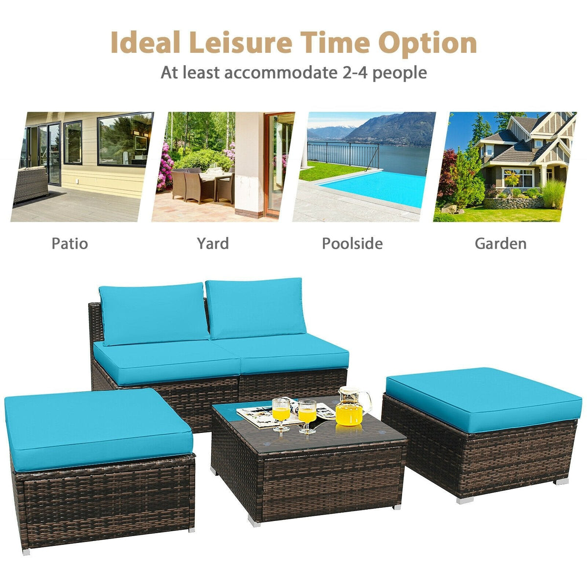 5 Piece Rattan Patio Set with Armless Sofas, Ottomans and Glass Coffee Table, Turquoise