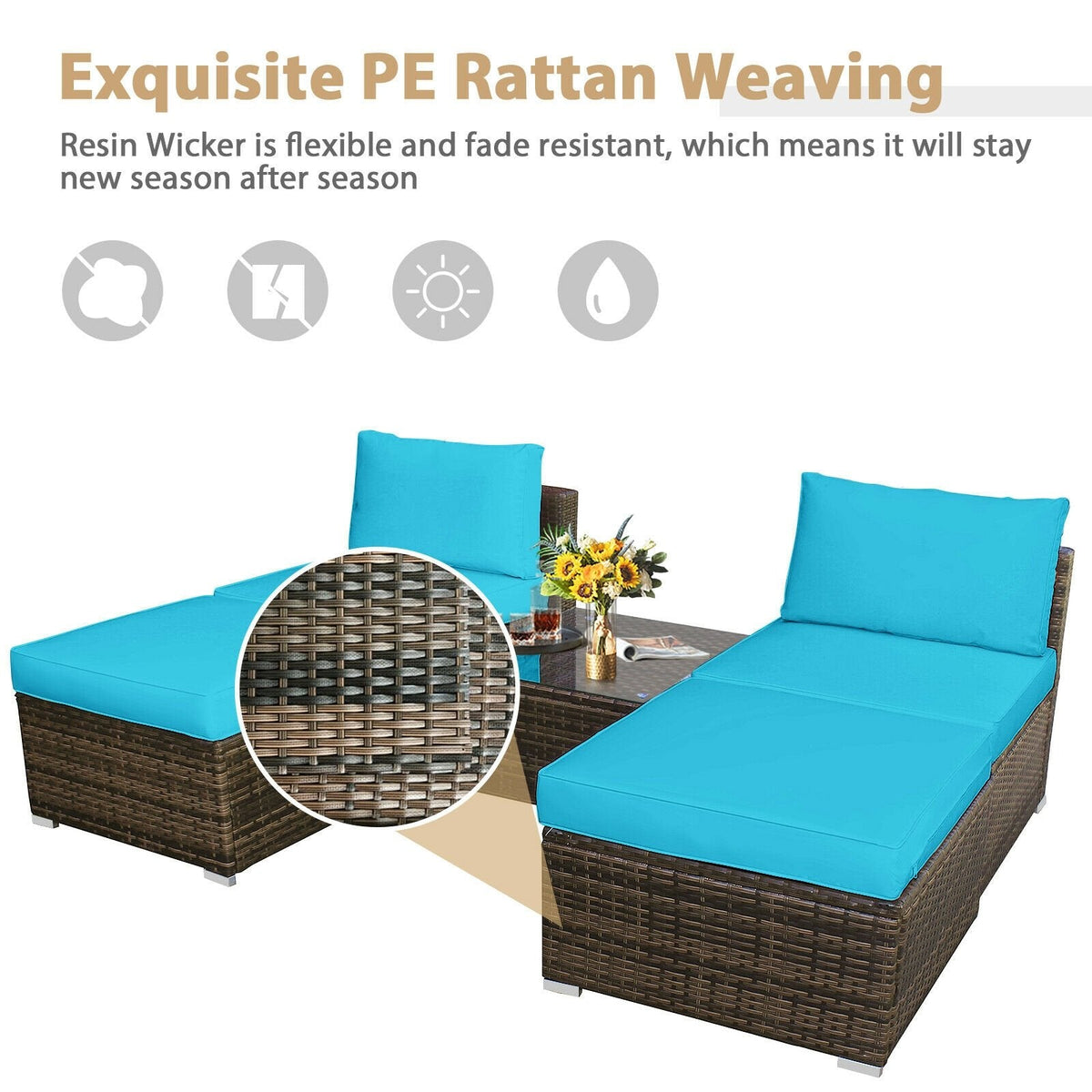5 Piece Rattan Patio Set with Armless Sofas, Ottomans and Glass Coffee Table, Turquoise