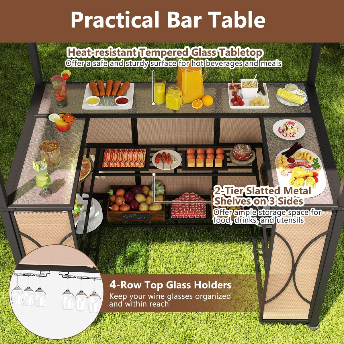 6.5 x 4 x 8 FT Grill Gazebo Set with 2 Bar Stools and Bar Table-Brown