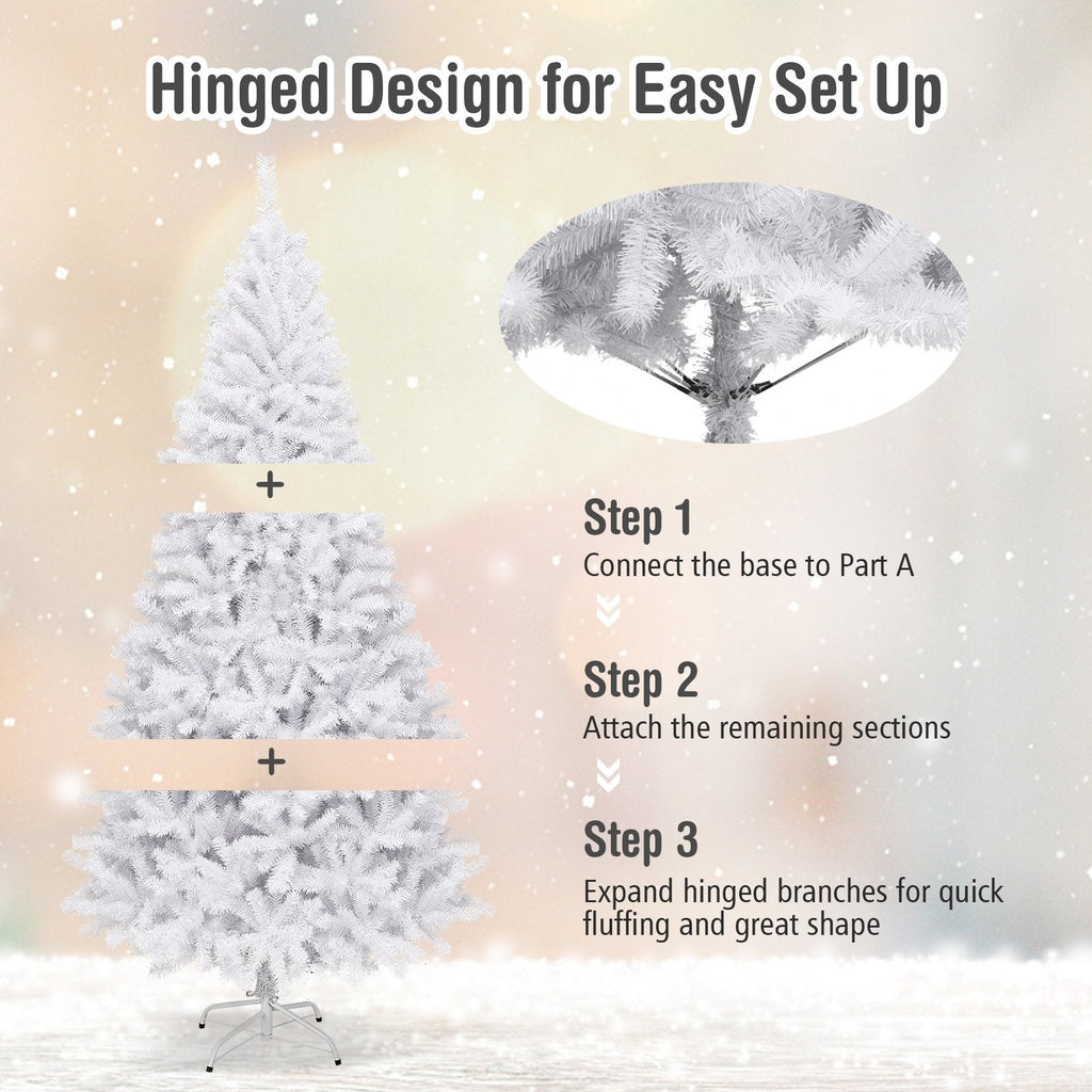 6 FT White Hinged Artificial Christmas Tree with Foldable Metal Stand, Unlit