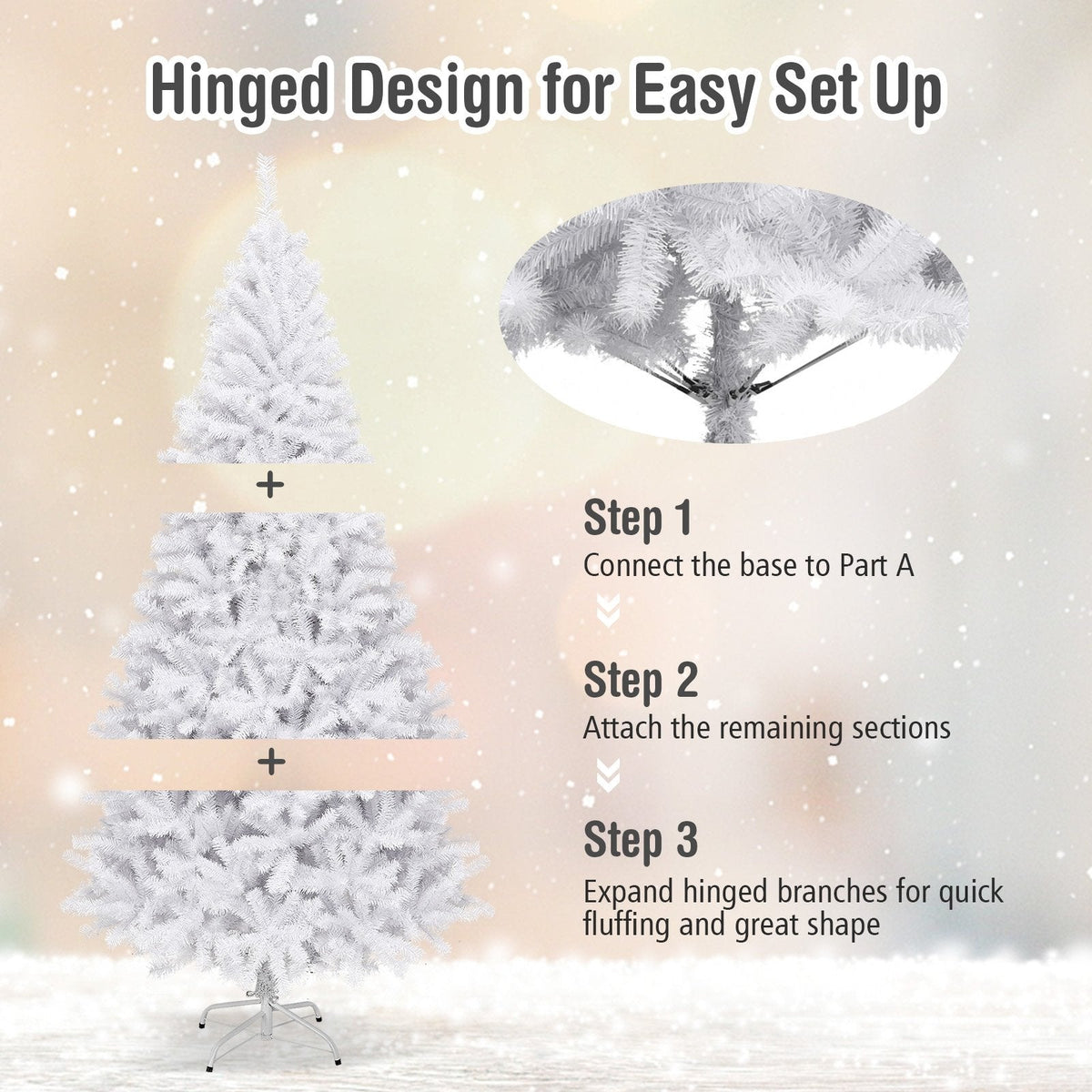 6 FT White Hinged Artificial Christmas Tree with Foldable Metal Stand, Unlit