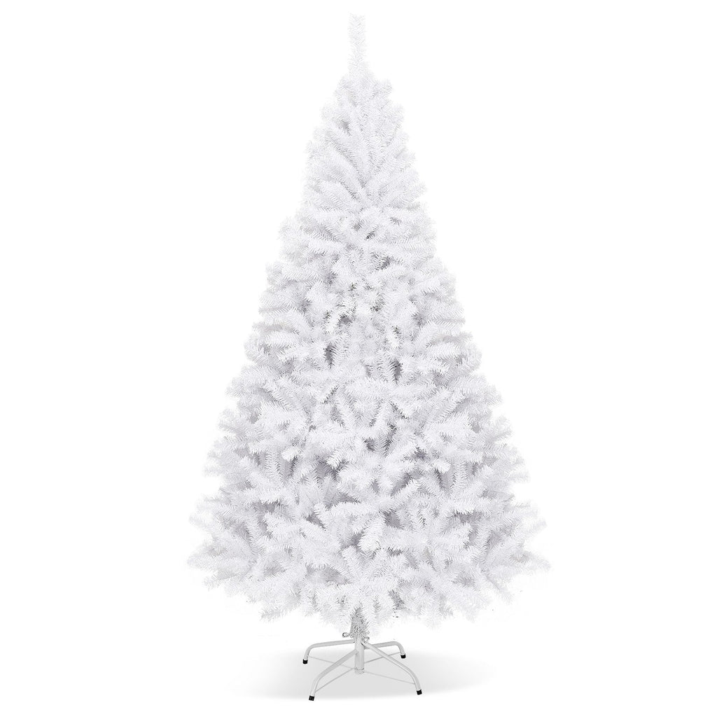 7.5 FT White Hinged Artificial Christmas Tree with Foldable Metal Stand, Unlit