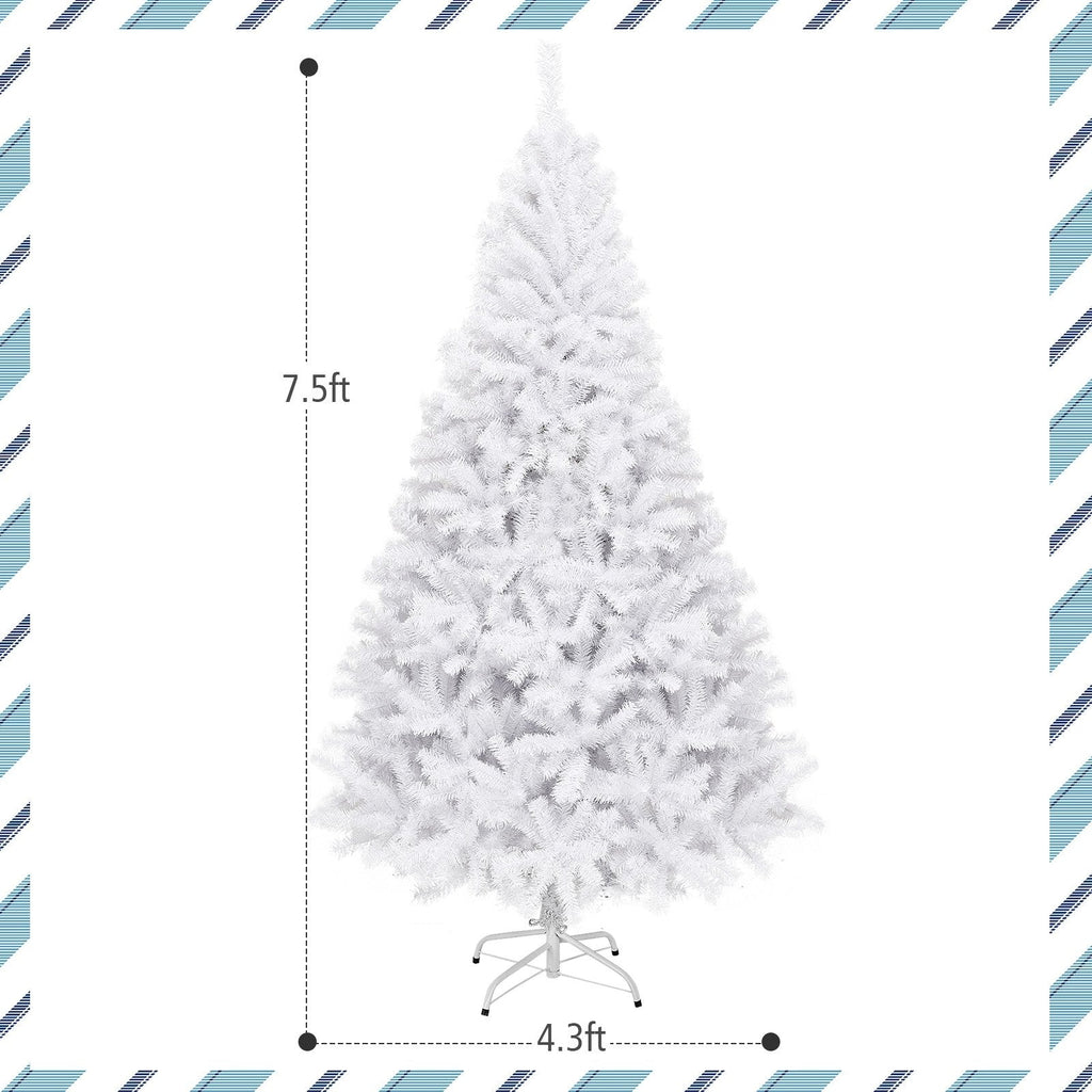 7.5 FT White Hinged Artificial Christmas Tree with Foldable Metal Stand, Unlit
