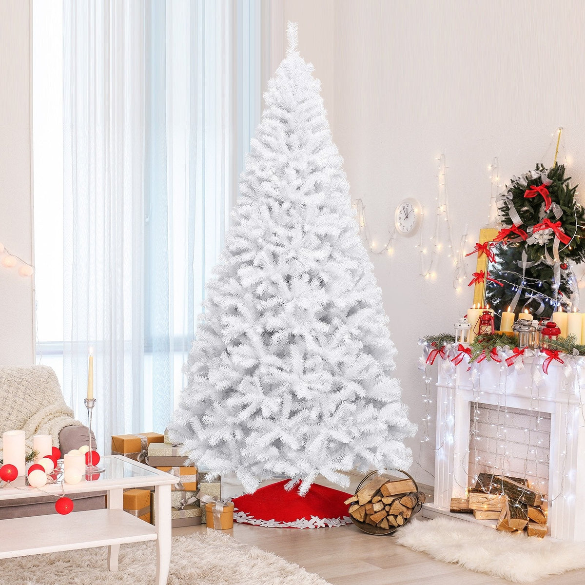 9 FT White Hinged Artificial Christmas Tree with Foldable Iron Base, Unlit