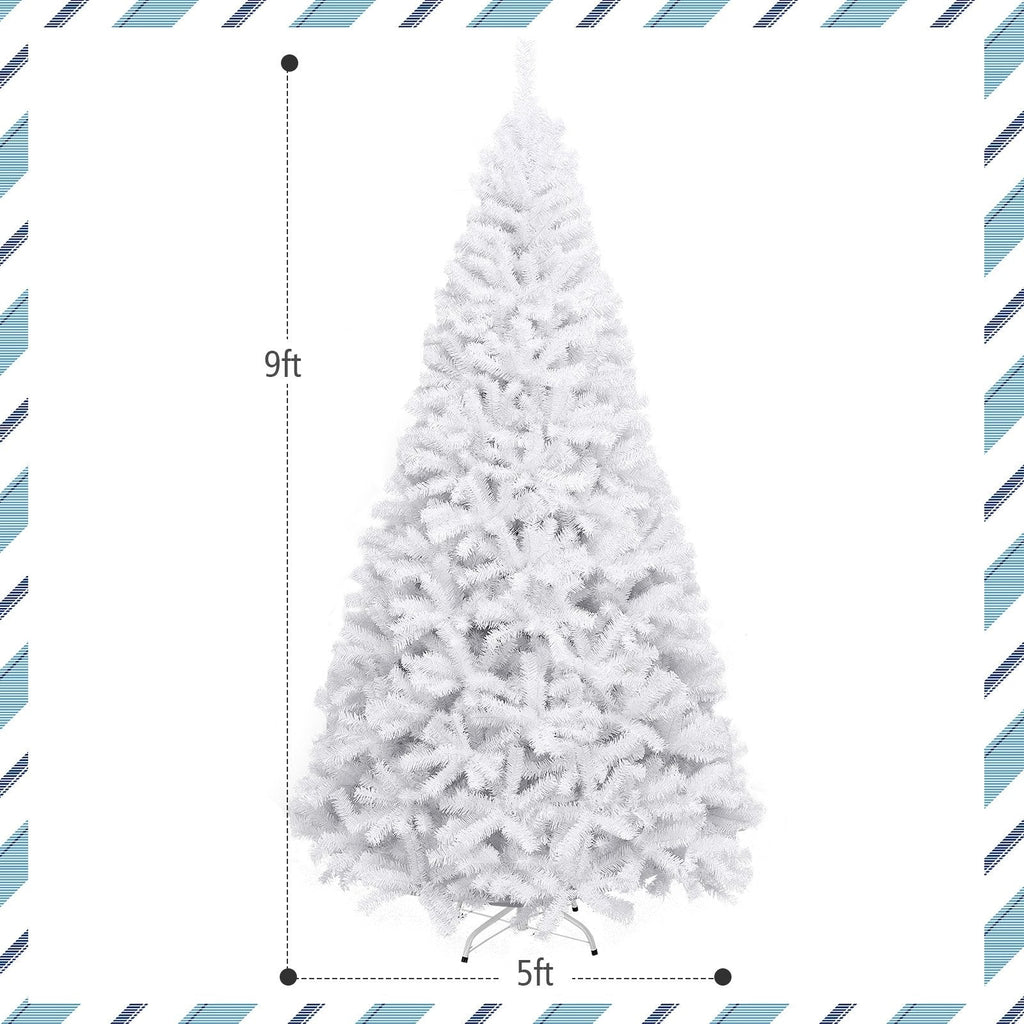 9 FT White Hinged Artificial Christmas Tree with Foldable Iron Base, Unlit