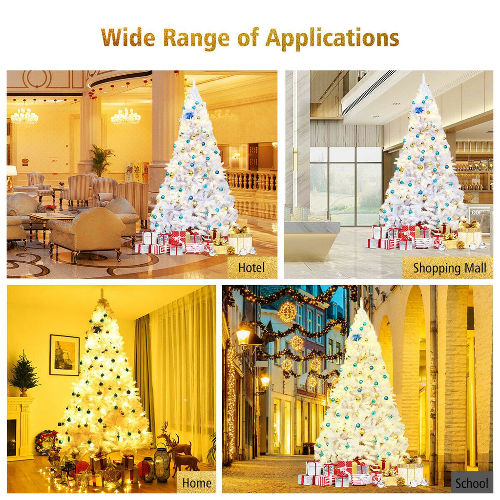 9 FT White Hinged Artificial Christmas Tree with Foldable Iron Base, Unlit