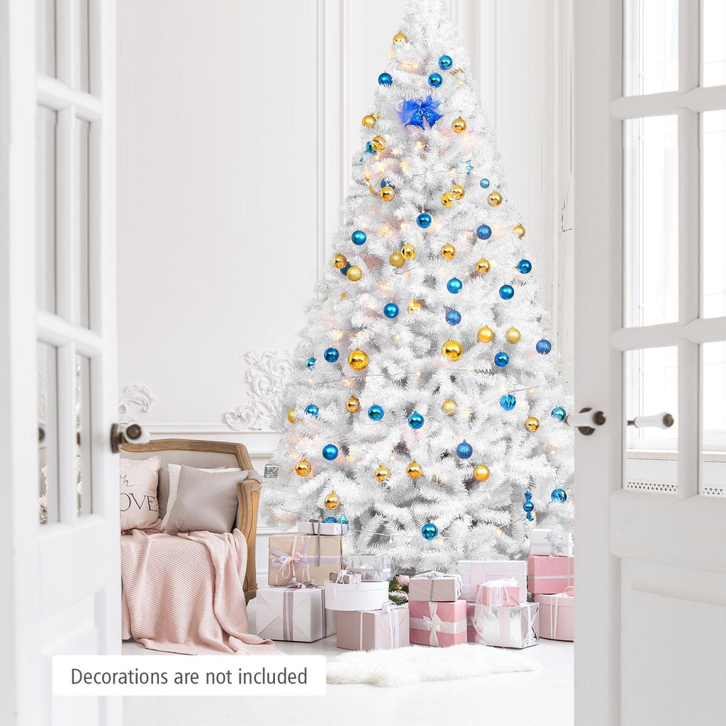 9 FT White Hinged Artificial Christmas Tree with Foldable Iron Base, Unlit