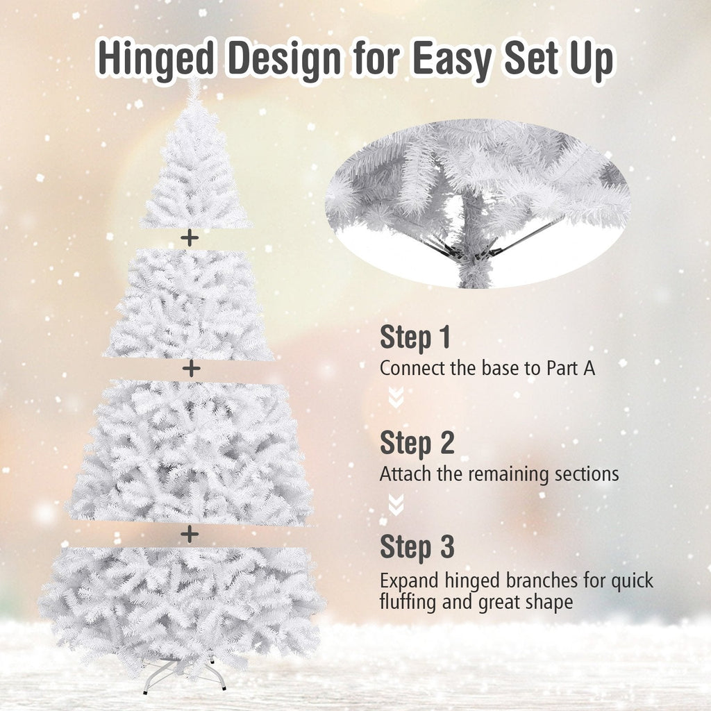 9 FT White Hinged Artificial Christmas Tree with Foldable Iron Base, Unlit