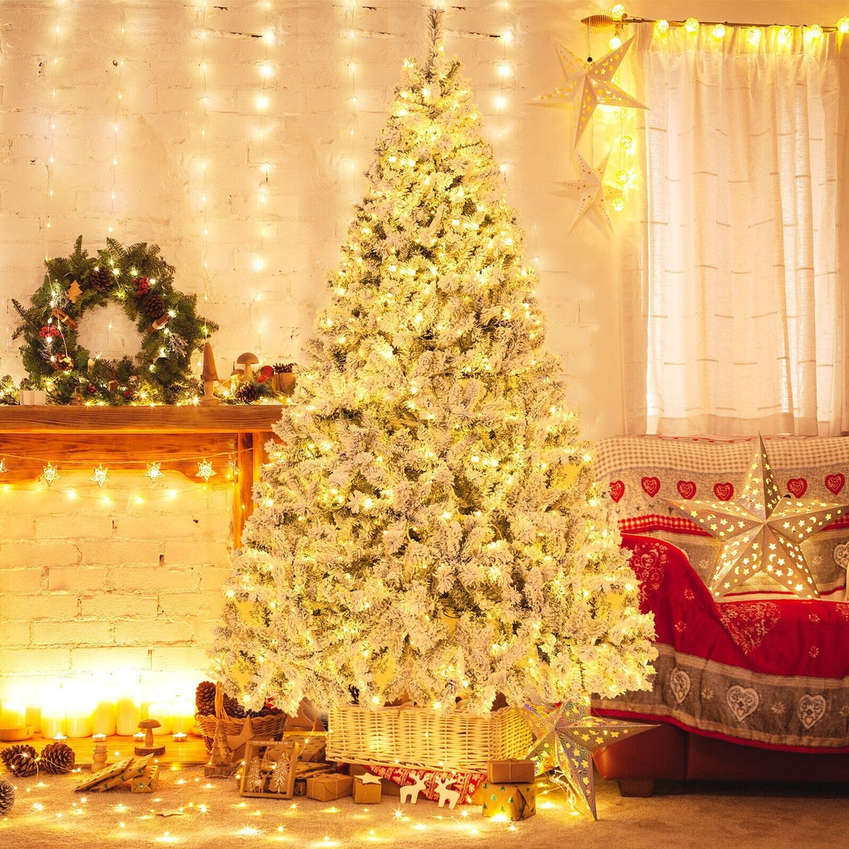8 FT Snow Flocked Christmas Tree with 3 Minute Quick Shape Frame, 1370 Tips and 600 Warm White LEDs