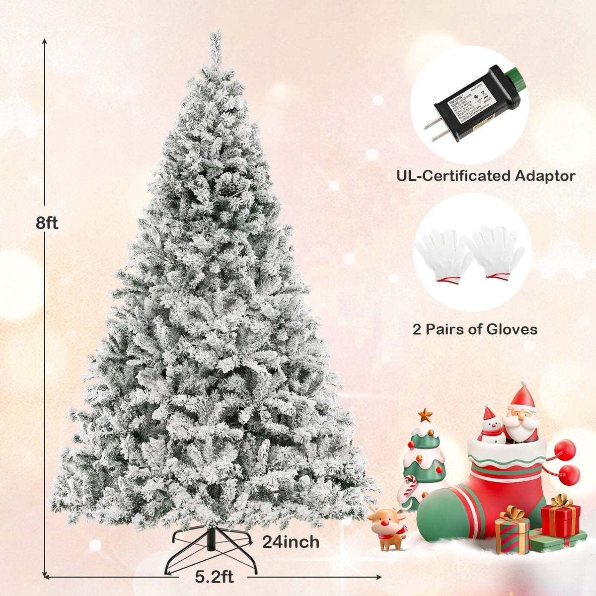 8 FT Snow Flocked Christmas Tree with 3 Minute Quick Shape Frame, 1370 Tips and 600 Warm White LEDs