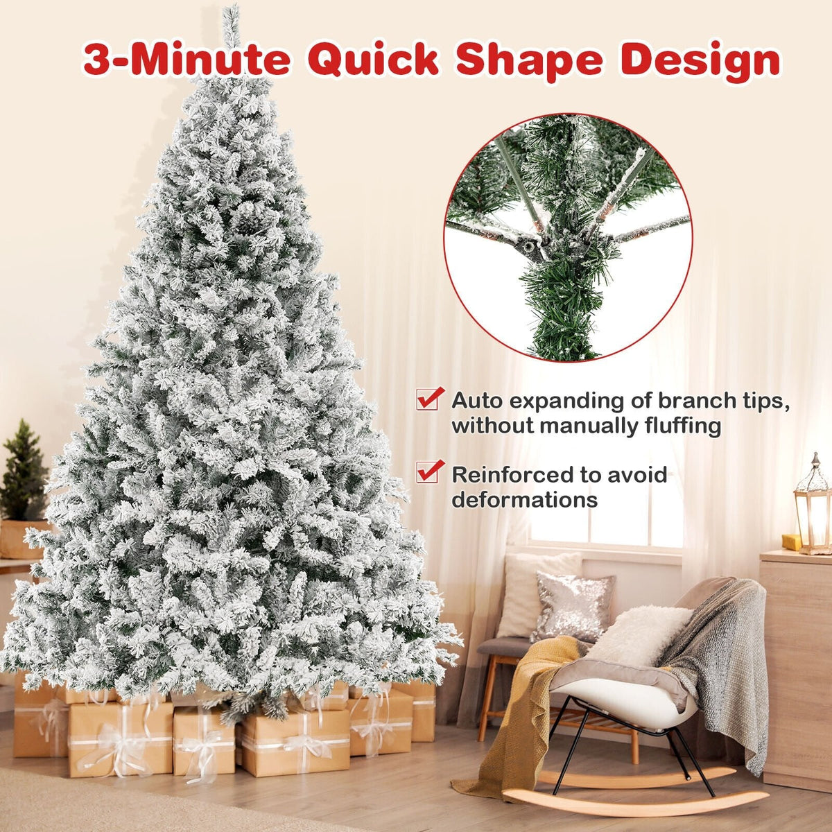 8 FT Snow Flocked Christmas Tree with 3 Minute Quick Shape Frame, 1370 Tips and 600 Warm White LEDs