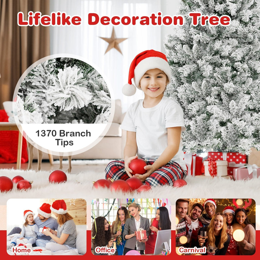 8 FT Snow Flocked Christmas Tree with 3 Minute Quick Shape Frame, 1370 Tips and 600 Warm White LEDs