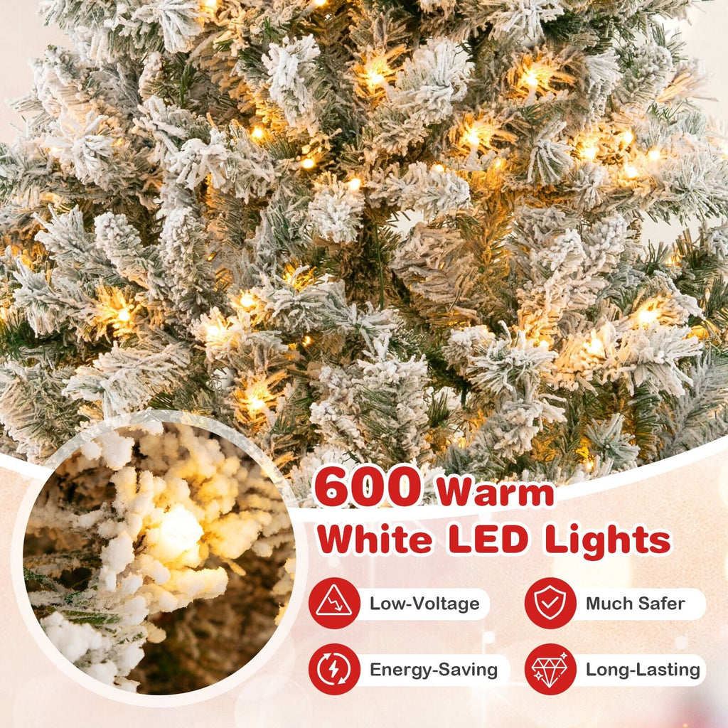 8 FT Snow Flocked Christmas Tree with 3 Minute Quick Shape Frame, 1370 Tips and 600 Warm White LEDs