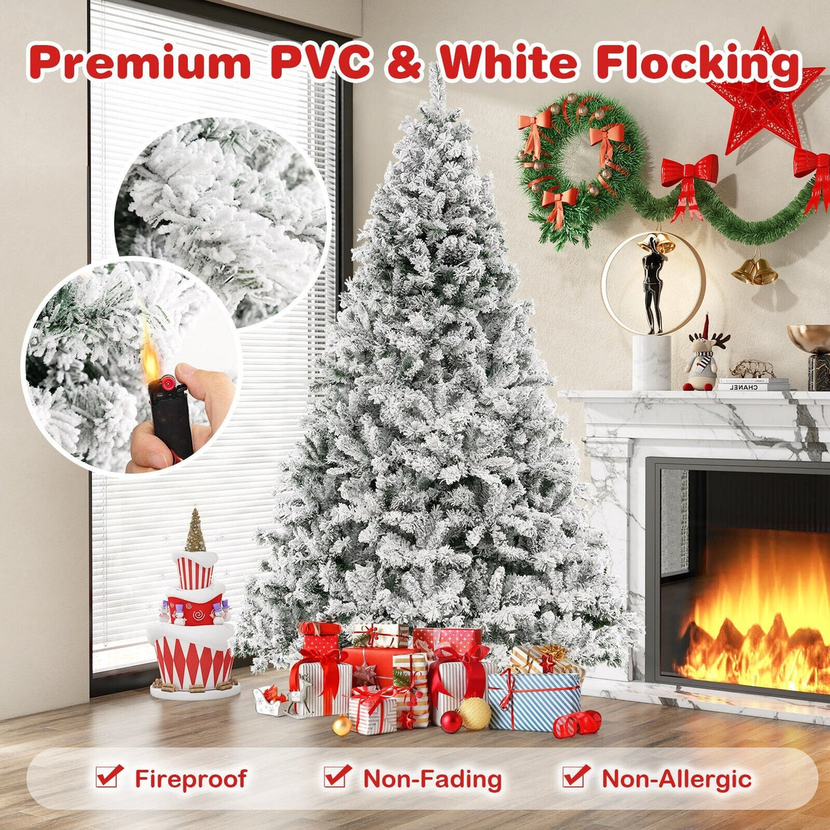 8 FT Snow Flocked Christmas Tree with 3 Minute Quick Shape Frame, 1370 Tips and 600 Warm White LEDs