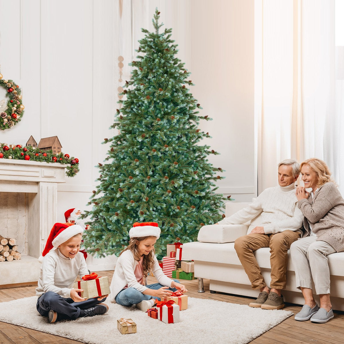 7 FT Pre-Lit Christmas Tree with 846 Tips, 69 Pine Cones and 340 Warm White LEDs with 8 Modes