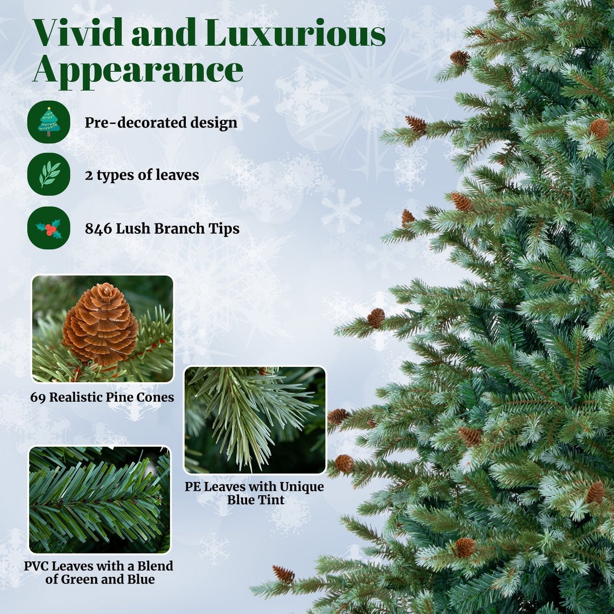 7 FT Pre-Lit Christmas Tree with 846 Tips, 69 Pine Cones and 340 Warm White LEDs with 8 Modes