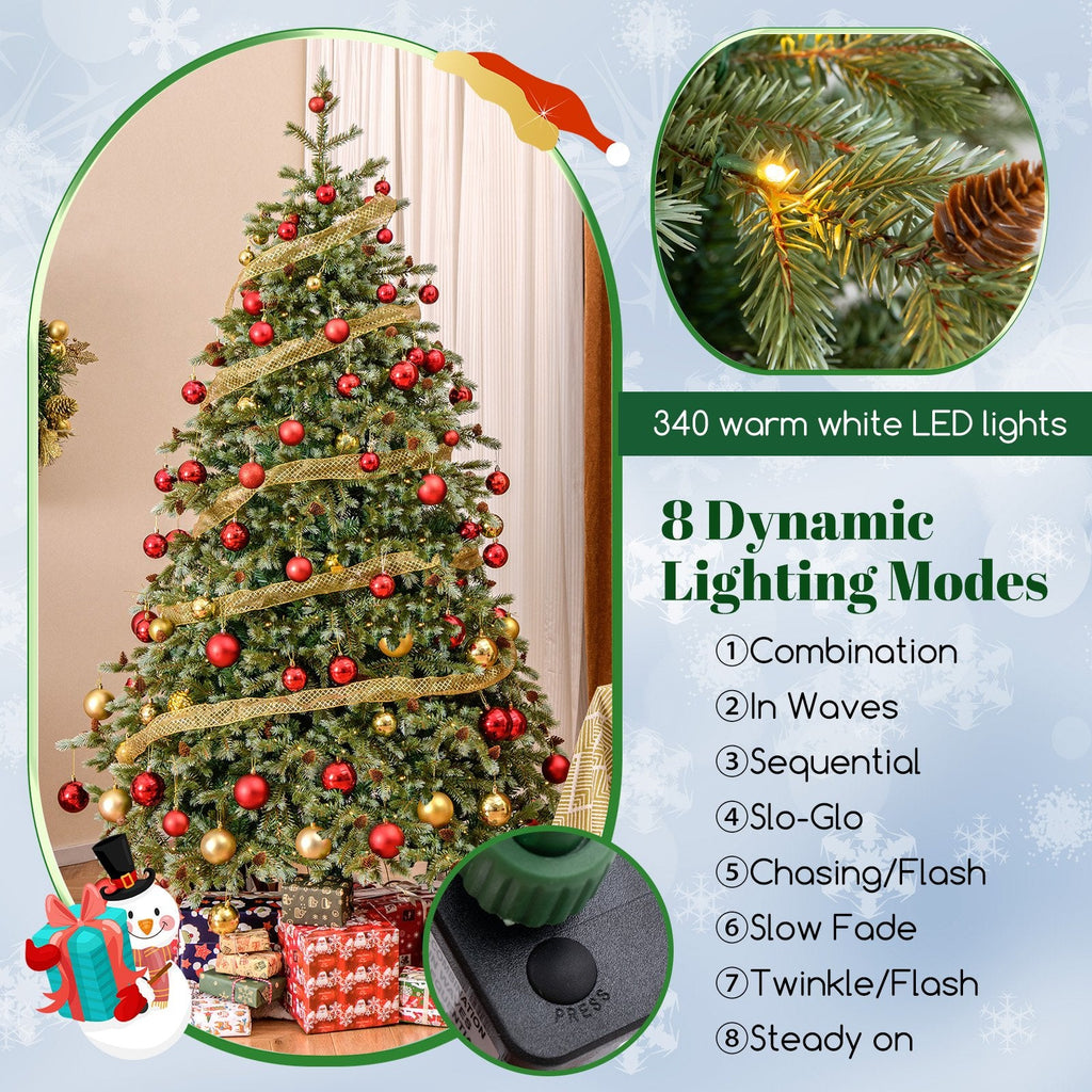 7 FT Pre-Lit Christmas Tree with 846 Tips, 69 Pine Cones and 340 Warm White LEDs with 8 Modes