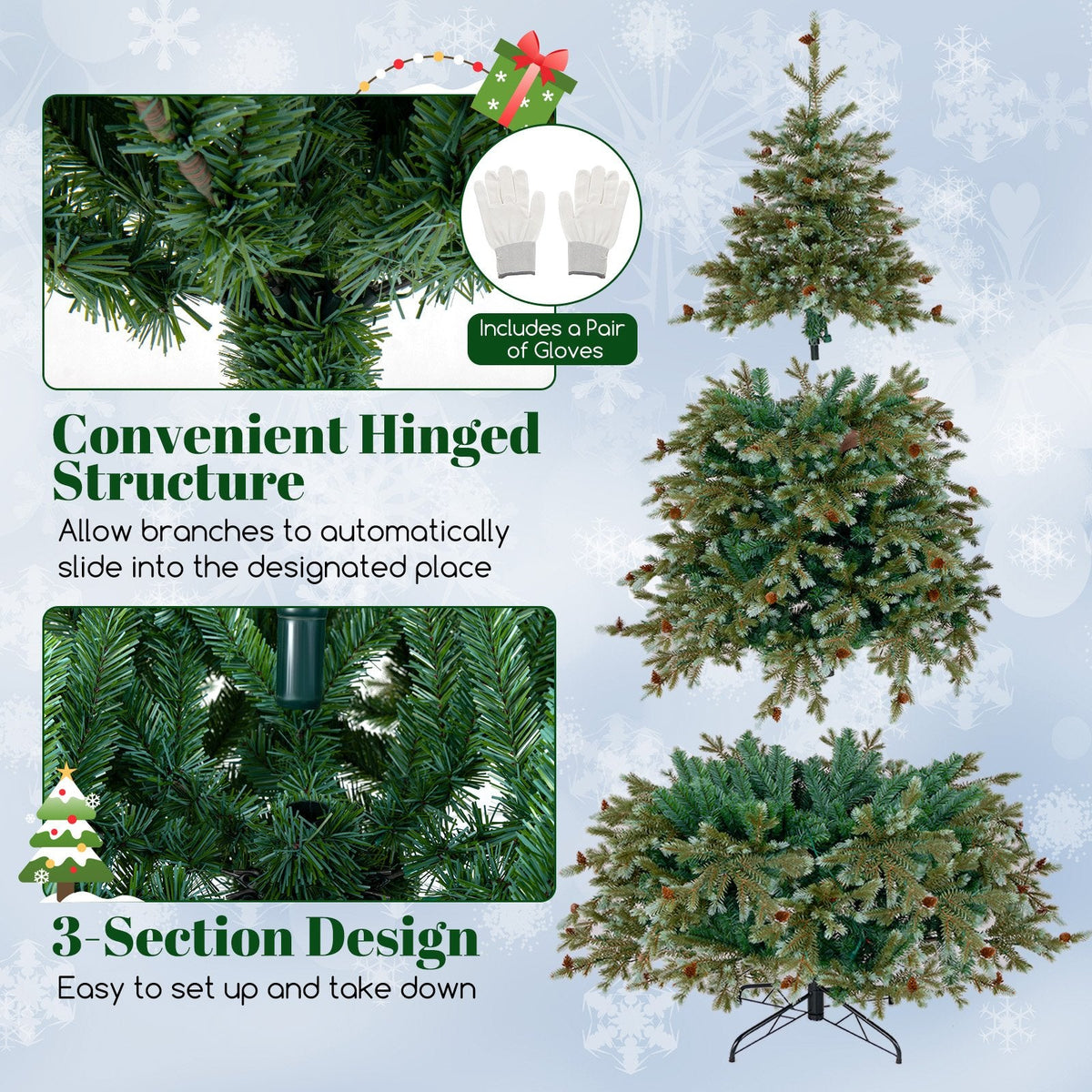 7 FT Pre-Lit Christmas Tree with 846 Tips, 69 Pine Cones and 340 Warm White LEDs with 8 Modes