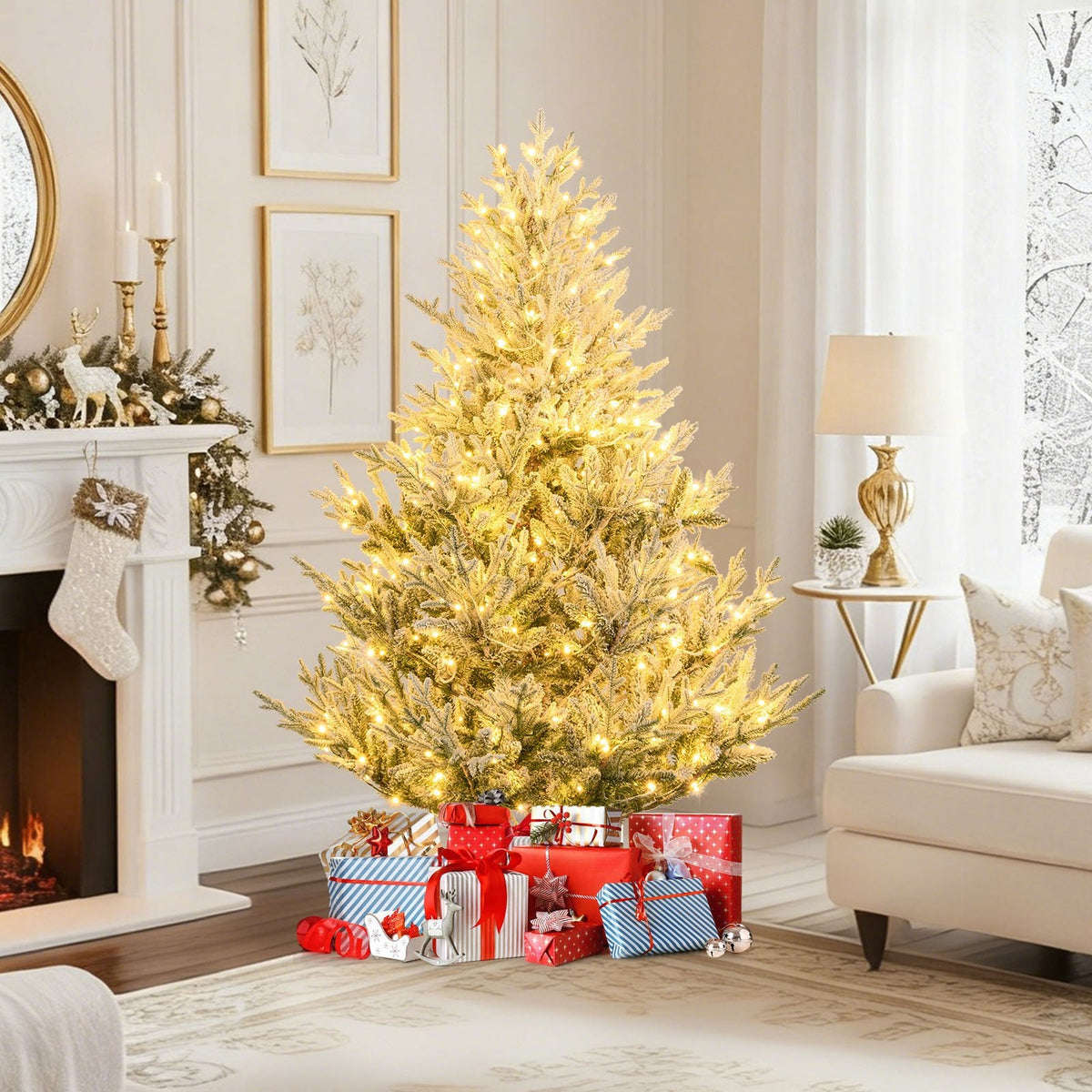 6 FT Pre-Lit Snow Flocked Christmas Tree with 762 Tips, 340 Warm White LEDs and 13 Lighting Modes